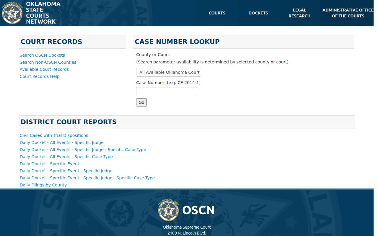 Ponca City resident lookup view of the OSCN district court docket search